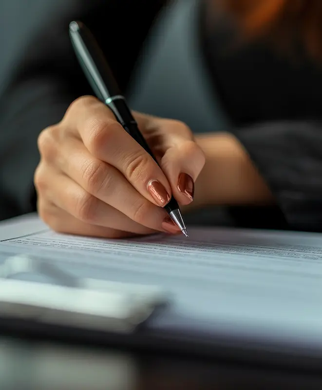 Mão feminina assinando um contrato impresso
